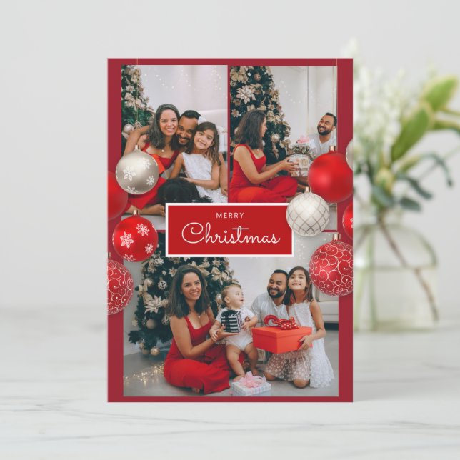 Cartão De Agradecimento Christmas Card – Red Bow, 4 Photo, Personalized (Em pé/Frente)