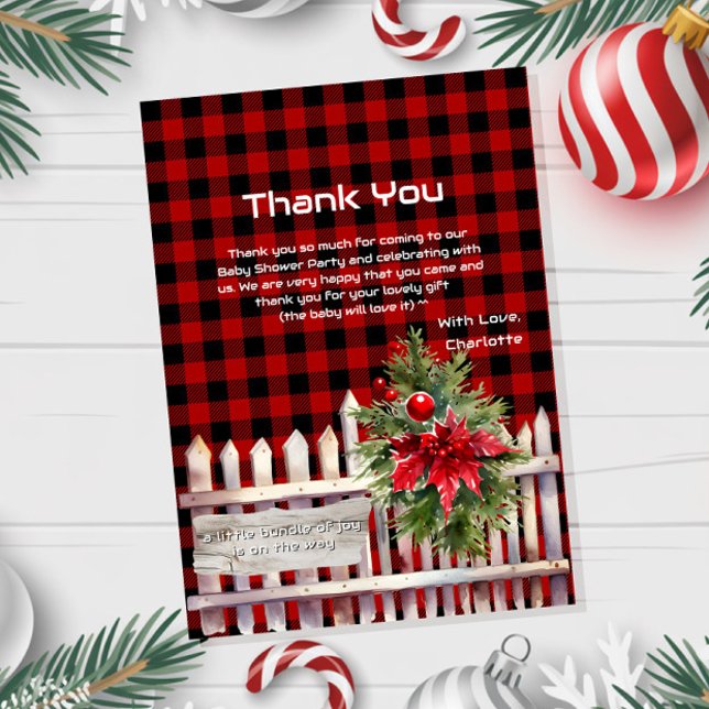 Cartão De Agradecimento Christmas Fence Buffalo Plaid Baby Shower (Criador carregado)