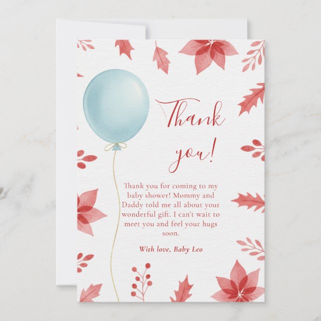 Cartão De Agradecimento Christmas Festive Balloon Red Leaves Baby Shower (Frente)