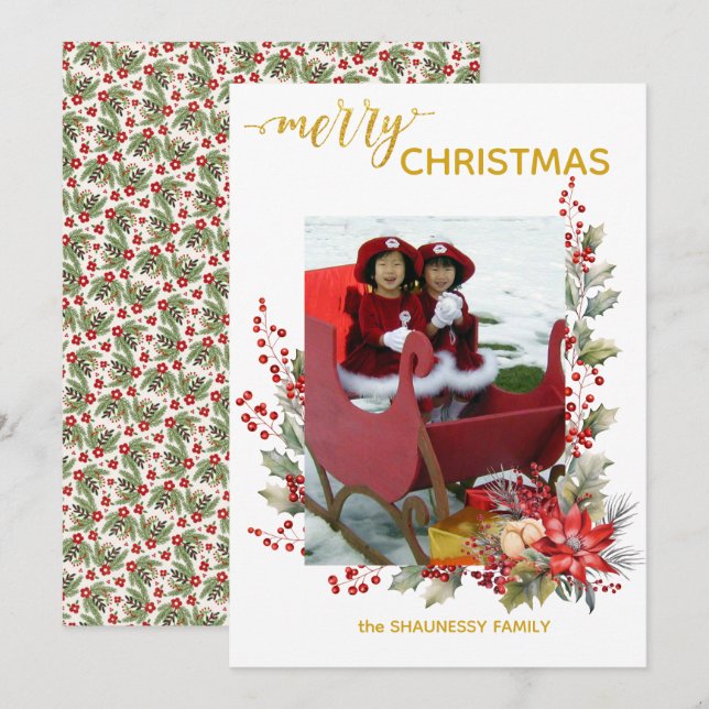 Cartão De Agradecimento Christmas Photo Card Holly Berries & Pointsettias (Frente/Verso)