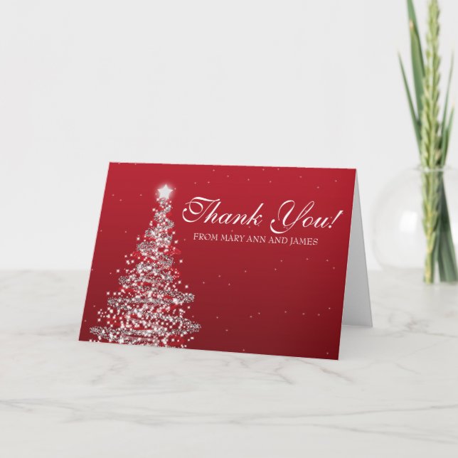 Cartão De Agradecimento Christmas Wedding "Thank you" Red Silver (Frente)