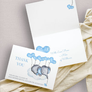 Cartão De Agradecimento Chuva de Balão Azul Nuvem Elefante Menino Baby Sho