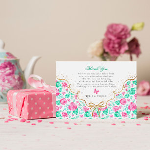Cartão De Agradecimento Chuva de Bebê Arco Dourado Flor Rosa Adorável