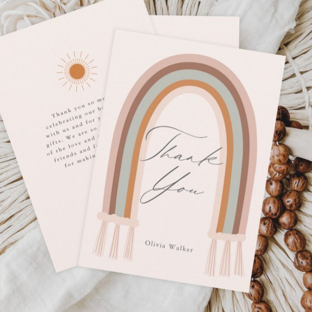 Cartão De Agradecimento Chuva de Bebê Arco-íris Tom Terra Boho (Boho Earth Tone Rainbow Baby Shower Two-Sided Flat Thank you Card.)