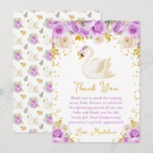 Cartão De Agradecimento Chuva de Bebê Cisne Roxo e Dourado Rosas
