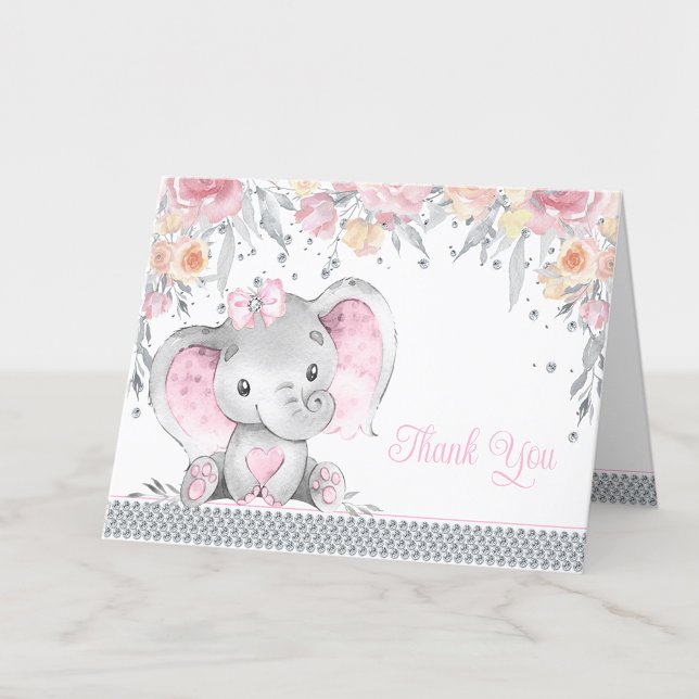 Cartão De Agradecimento Chuva de Bebê Elefante Rosa Cinza Diamante Floral (Add your message to the inside or leave blank for your handwritten message when they arrive.)