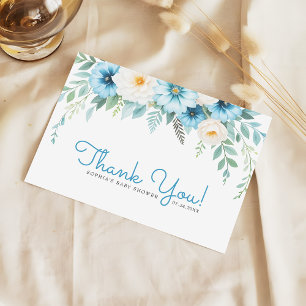 Cartão De Agradecimento Chuva de Bebê Floral Azul Pastel Suave