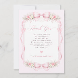 Cartão De Agradecimento Chuva de Bebê Floral Laço Coquete Rosa Elegante