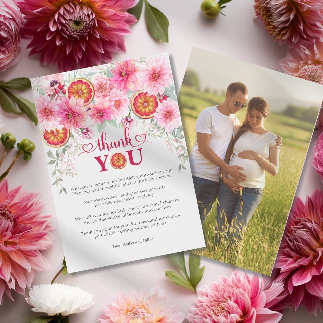 Cartão De Agradecimento Chuva de Bebê Flores Aquarela Rosa Cítrica (Citrus with pink watercolor flowers baby shower thank you card, girl baby shower)