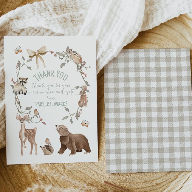 Cartão De Agradecimento Chuva de Bebê Floresta Marrom Rústica (Gender Neutral Woodland Baby Shower Thank You Card Template, Rustic Woodland Animals Thank You Card)