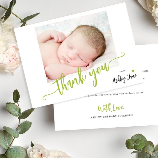 Cartão De Agradecimento Chuva de bebê foto personalizada script moderno (Criador carregado)
