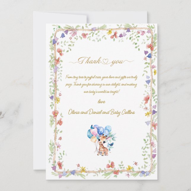 Cartão De Agradecimento Chuva de Bebê Girafa Bebê Personalizada  (Frente)