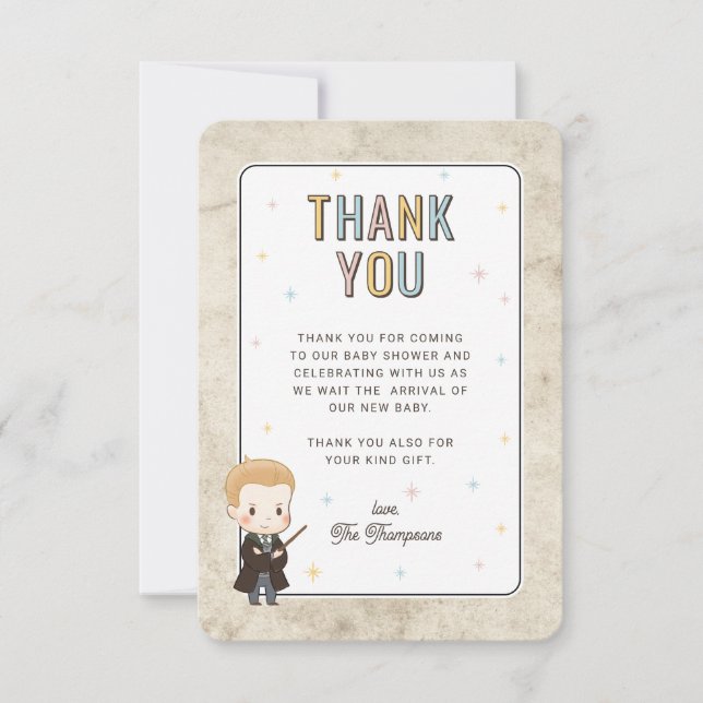 Cartão De Agradecimento Chuva de Bebê Harry Potter Chibi Draco Malfoy Mago (Frente)