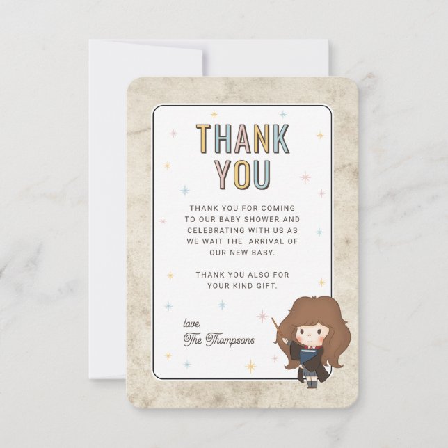 Cartão De Agradecimento Chuva de Bebê Harry Potter Chibi Hermione Mago (Frente)