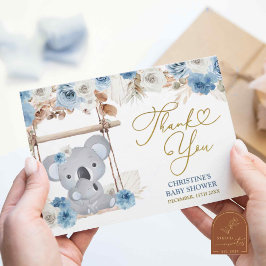 Cartão De Agradecimento Chuva de Bebê Koala Boho Azul Empoeirado