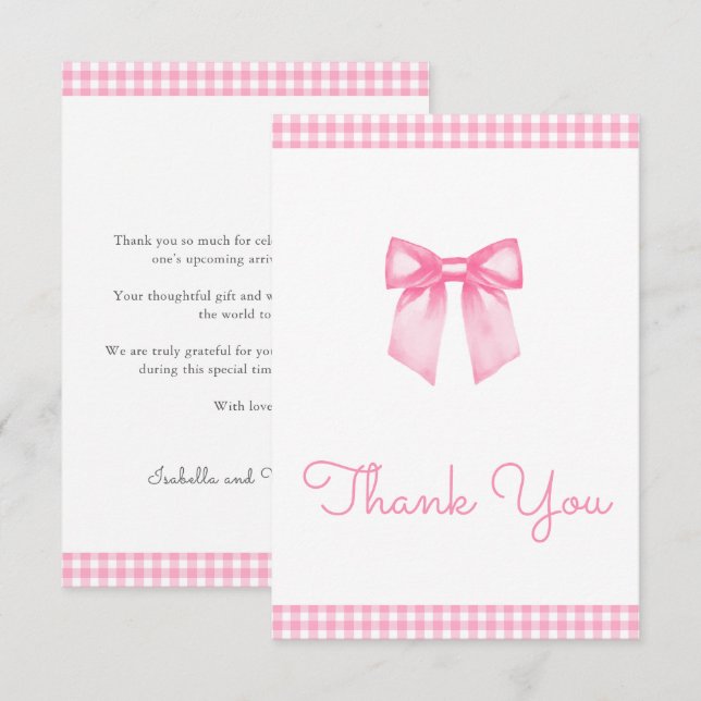 Cartão De Agradecimento Chuva de Bebê Laço Rosa Gingham Clássico (Frente/Verso)