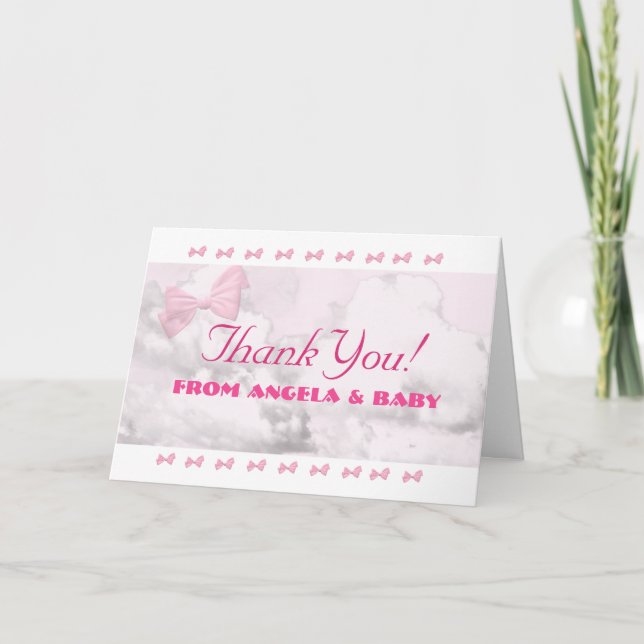 Cartão De Agradecimento Chuva de Bebê Laços Rosa (Frente)