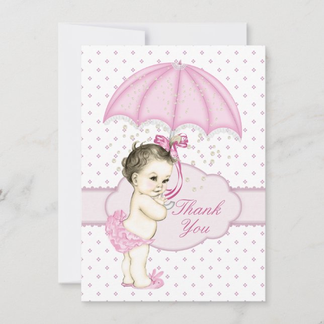 Cartão De Agradecimento Chuva de Bebê Menina Guarda-Chuva Baby Shower Obri (Frente)