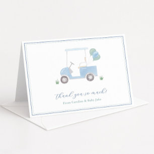 Cartão De Agradecimento Chuva de Bebê Menino Carrinho de Golfe Azul Elegan