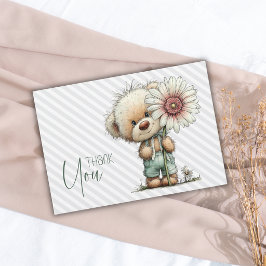 Cartão De Agradecimento Chuva de Bebê Menino Teddy Daisy Listras Cinza Ele