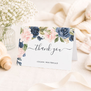 Cartão De Agradecimento Chuva de Bebê Obrigado Floral Azul Marinho
