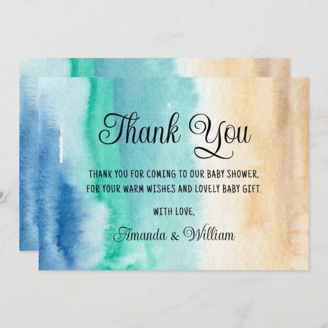 Cartão De Agradecimento Chuva de Bebê Praia Aquarela Obrigado  (Frente/Verso)