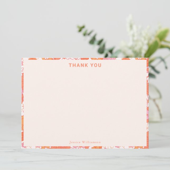 Cartão De Agradecimento Chuva de Bebê Retro Boho Rosa Laranja Floral Fofo (Em pé/Frente)