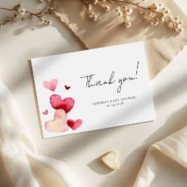 Cartão De Agradecimento Chuva de Bebê Romântica com Corações de Aquarela M