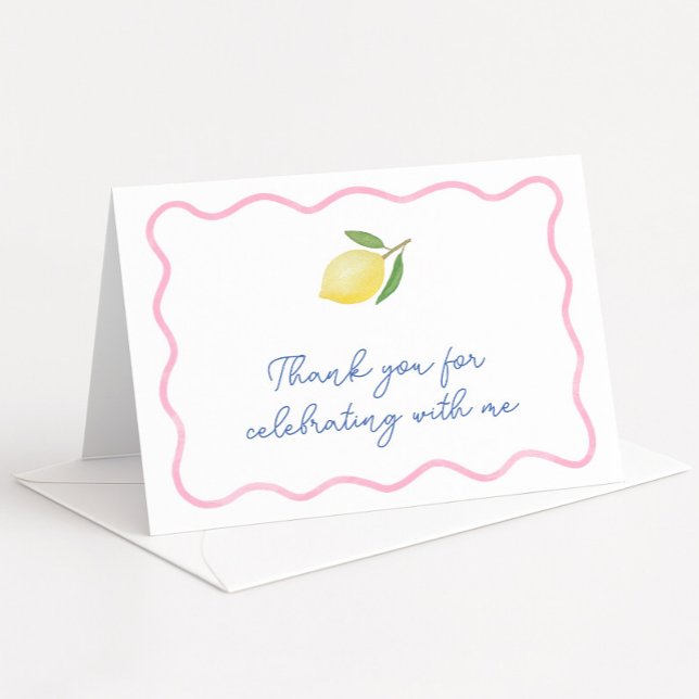 Cartão De Agradecimento Chuva de Bebê Rosa Moderno com Borda Ondulada Limã (Modern boho pink squiggle border with citrus lemon wedding shower thank you cards)