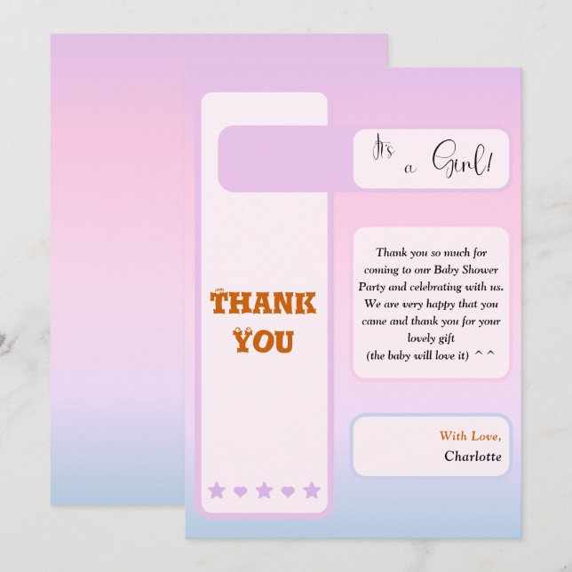 Cartão De Agradecimento Chuva de Bebê Texto Olho Cute Gradiente Roxo (Frente/Verso)