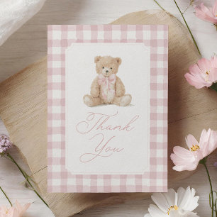 Cartão De Agradecimento Chuva de Bebê Urso de Pelúcia Xadrez Rosa