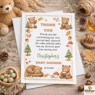 Cartão De Agradecimento Chuva de Bênçãos em Aquarela Floresta Urso Baby Sh
