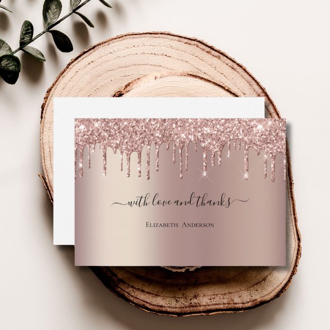 Cartão De Agradecimento Chuva de Brilho em Rosa Dourado Glamouroso Chá de  (Rose Gold Dripping glitter Bling Glam Bridal Shower Wedding thank you card)