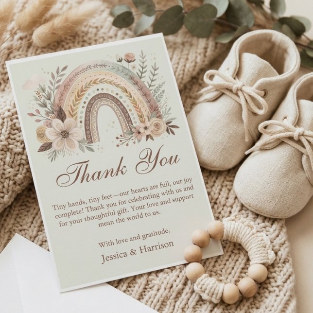 Cartão De Agradecimento Chuva de Cores Boho e Flores Baby Shower  (Criador carregado)