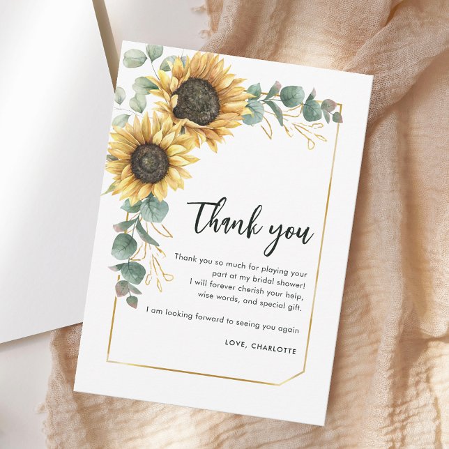 Cartão De Agradecimento Chuva de Flores Girassóis Letreiro Chá de Noiva (Floral Greenery Sunflower Script Bridal Shower Thank You Card)