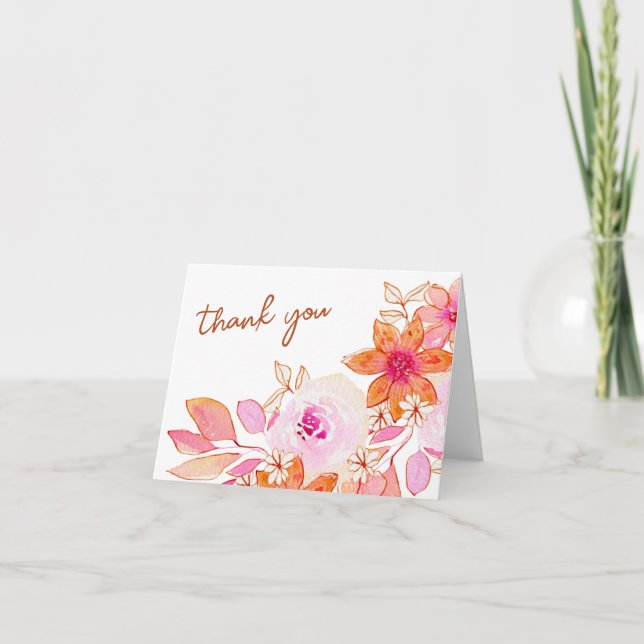 Cartão De Agradecimento Chuva de Flores Laranja Rosa Boho Dobrada (Frente)
