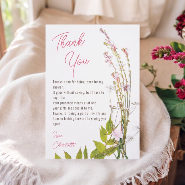 Cartão De Agradecimento Chuva de flores silvestres modernas boho script fo (Modern boho wildflowers script photo bridal shower thank you card)