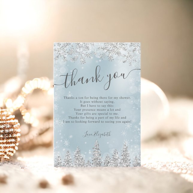 Cartão De Agradecimento Chuva de neve azul gelo prateado noivado de invern (Silver ice blue snow pine winter bridal shower thank you card)