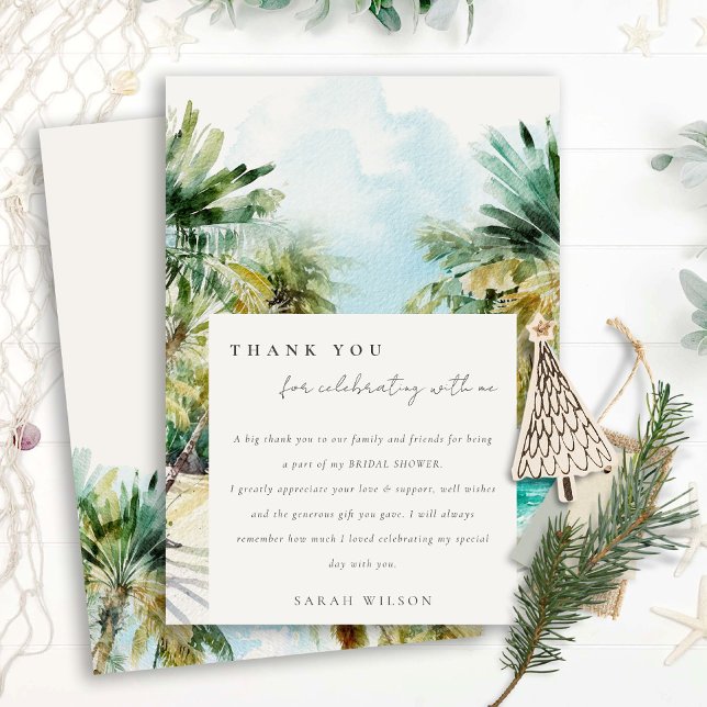 Cartão De Agradecimento Chuva de Noiva Árvores Tropicais Aquarela Praia Tr (Criador carregado)