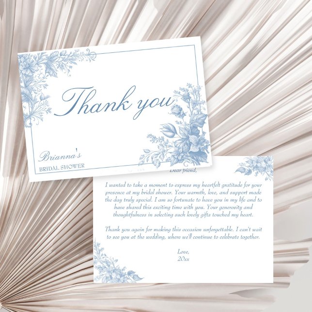 Cartão De Agradecimento Chuva de noiva azul chinesice francesa elegante (Elegant French chinoiserie dusty blue bridal shower Thank You Card summer baroque vintage design)