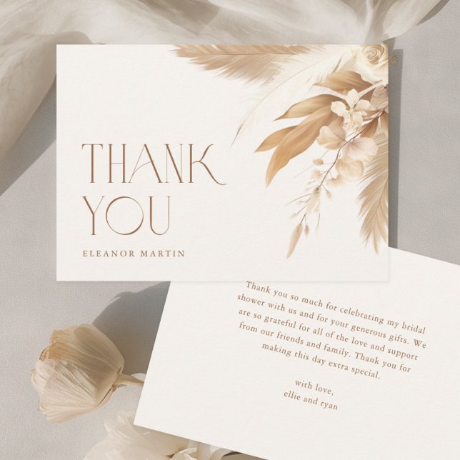 Cartão De Agradecimento Chuva de Noiva Boho Neutro com Grama das Pampas (Pampas Grass Boho Neutral Wedding Bridal Shower Thank You Cards.)