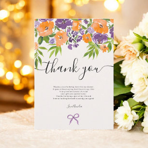 Cartão De Agradecimento Chuva de Noiva Boho Roxa Laranja Floral Aquarela