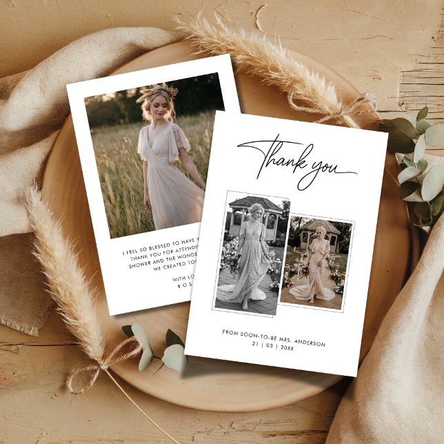 Cartão De Agradecimento Chuva de Noiva com Caligrafia Moderna 3 Fotos (Criador carregado)