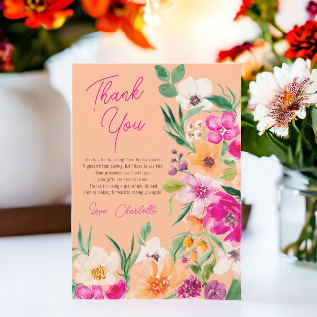 Cartão De Agradecimento Chuva de noiva com flores silvestres brilhantes e  (Bright bold wild flowers script bridal shower thank you card)
