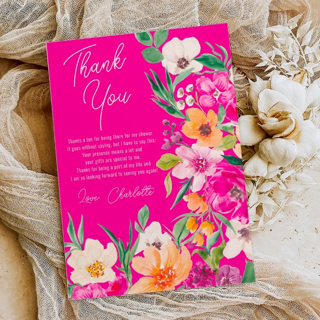 Cartão De Agradecimento Chuva de noiva com flores silvestres brilhantes e  (Bright bold wild flowers script bridal shower thank you card on neon pink)