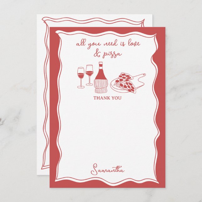 Cartão De Agradecimento Chuva de Noiva de Vinho de Pizza Italiana Desenhad (Frente/Verso)