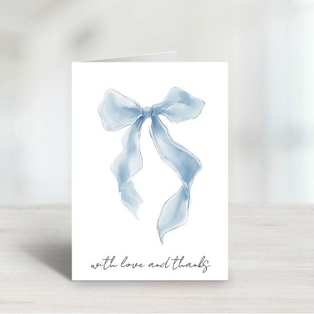 Cartão De Agradecimento Chuva de Noiva em Aquarela Azul Elegante (Elegant Blue Bow Watercolor Bridal Shower Thank You Card)