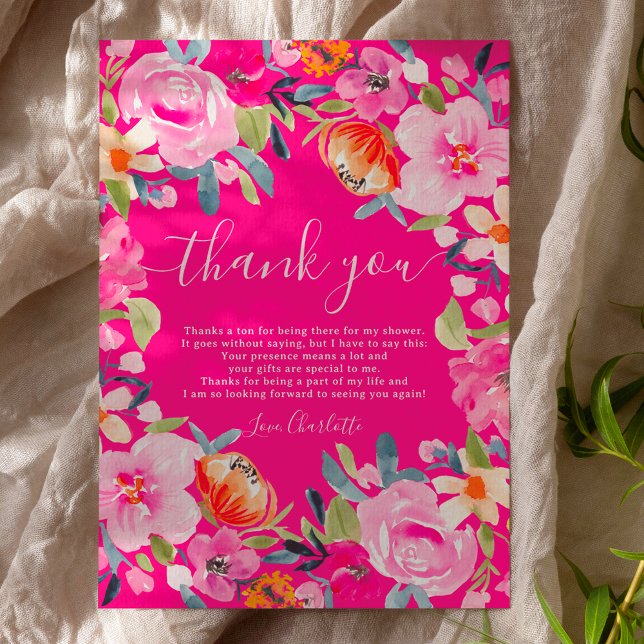 Cartão De Agradecimento Chuva de noiva em aquarela floral ousada boêmia (Bohemian bold floral watercolor bridal shower thank you card on hot neon pink)