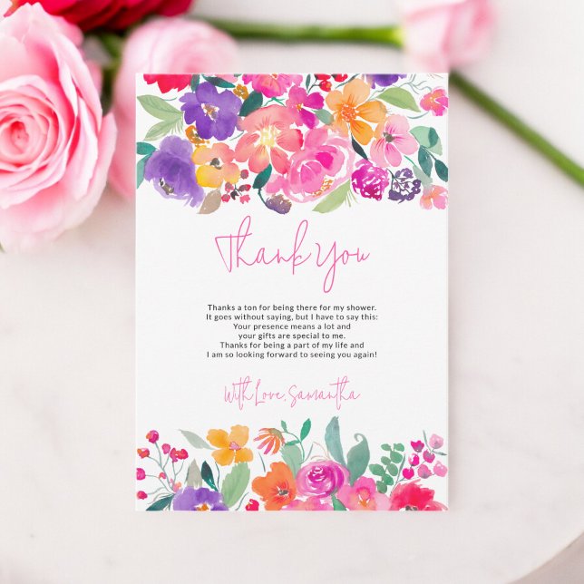 Cartão De Agradecimento Chuva de noiva em aquarela floral rosa brilhante e (Bold bright pink floral watercolor bridal shower thank you card)