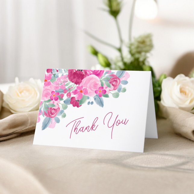 Cartão De Agradecimento Chuva de noiva em aquarela floral rosa ousado (Bold pink plum floral watercolor bridal shower thank you card)